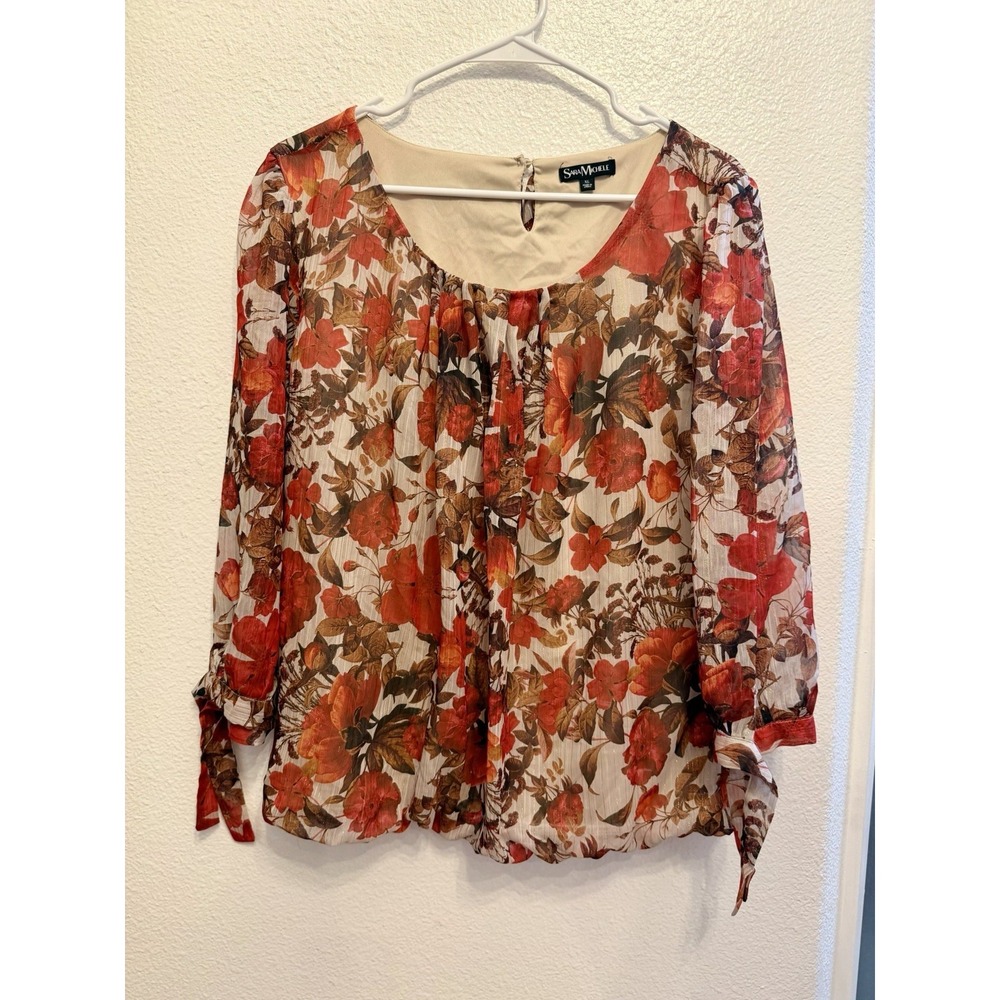 Sara Michelle Top Blouse XL/12 Pullover Bubble Hem Tie Sleeve Fall Colors Floral - Picture 3 of 11